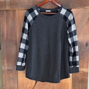 12 Pm By Mon Ami Charcoal Sweater with Checkered Sleeves